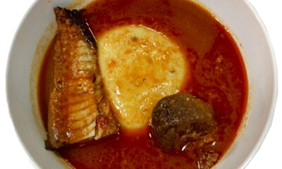 Fufu with Light Soup and Cow Meat & Tuna