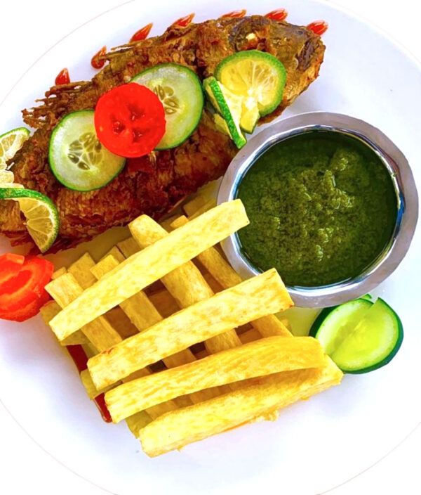 Yam Chips with Fried Red Fish